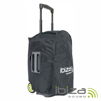 Mala preta para equipamento de som com rodinhas amarelas e pega telescópica com logotipos Ibiza Sound