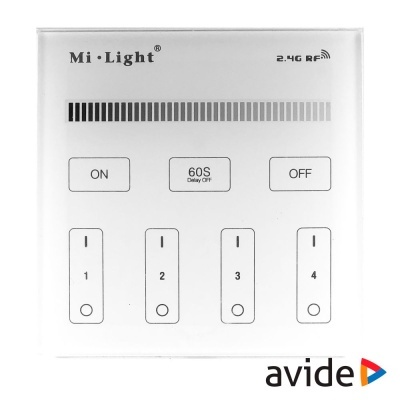 Controlador remoto branco Mi-Light com botões ON, OFF, Delay OFF e numerados de 1 a 4