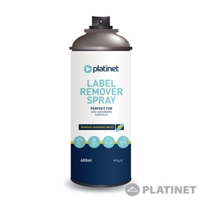 Spray de remoção de etiquetas Platinet com rótulo azul e branco