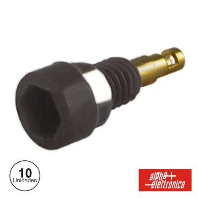 Conector elétrico metálico dourado com isolante preto e texto promocional
