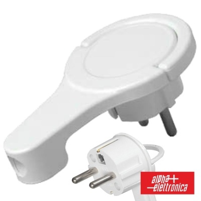 Adaptador de ficha elétrica branca com dois pinos e logótipo alpha elettronica