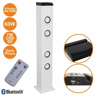Coluna de som branca alta com quatro altifalantes e controlo remoto, texto sobre funcionalidades em laranja