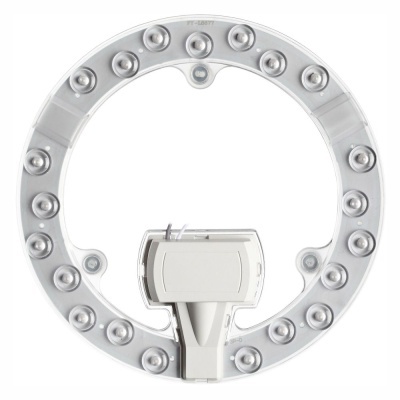 Anel circular transparente com LEDs e suporte branco para ligação