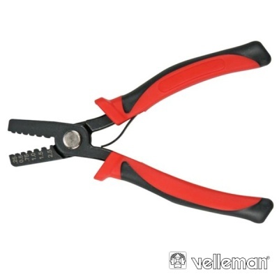 Alicate descascador de fios vermelho e preto com lâminas metálicas e mola