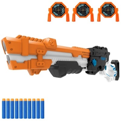 Arma lança dardos de plástico laranja, branco, preto e azul com 10 dardos de espuma e 3 alvos.