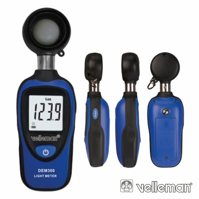 Medidor de luz digital azul e preto Velleman DEM300 com visor mostrando 123.9 Lux