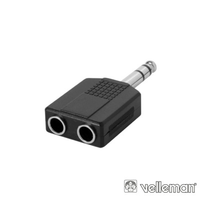 Adaptador áudio preto com duas entradas jack 3,5 mm e plug jack 6,35 mm