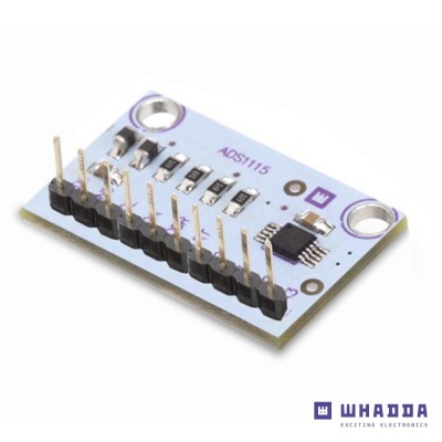 Placa eletrónica ADS1115 com pinos dourados e componentes pretos sobre placa azul clara