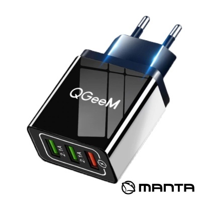 Carregador de parede QGeeM com três entradas USB e ficha azul