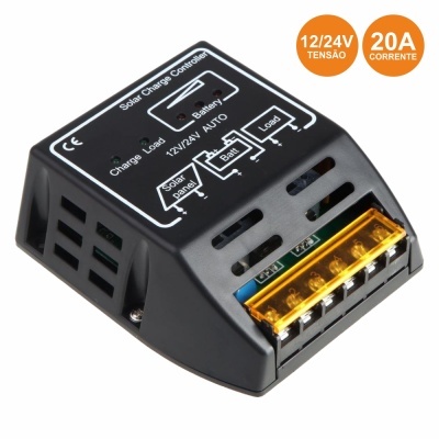Controlador de carga solar preto com terminais dourados e indicações de 12/24V e 20A