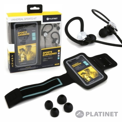 Kit desportivo Platinet com auscultadores, suporte para braço e auriculares em embalagem