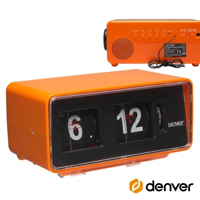 Relógio despertador laranja de estilo retro com visor flip e botões no fundo.