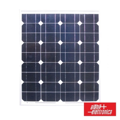 Painel solar polissilício azul escuro com logótipo alpha elettronica no canto inferior direito