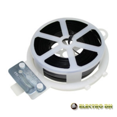 Bobina branca com fita preta e fixador metálico em fundo branco