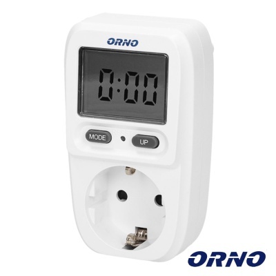 Tomada temporizadora digital branca da marca ORNO com ecrã LCD e dois botões