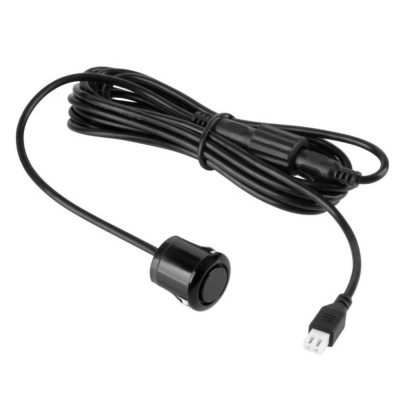 Cabo preto com botão redondo e conector jack em fundo branco