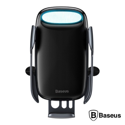 Suporte para telemóvel Baseus preto com detalhes azuis e braços ajustáveis
