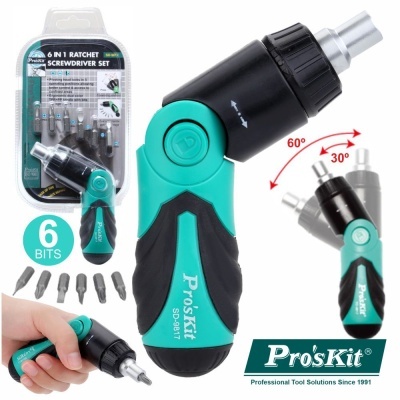 Conjunto chave de fendas de catraca 6 em 1 Pro'sKit, cabo verde e preto, 6 bits, ângulos 30° e 60°, embalagem plástica
