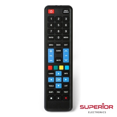 Comando remoto preto da Superior Electronics com vários botões e fundo branco