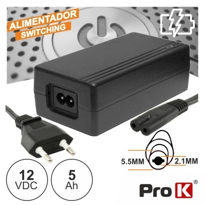Alimentador switching Pro K preto com ficha elétrica europeia e cabo com conector redondo