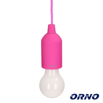 Lâmpada pendente rosa com casquilho e cabo rosa e bulbo branco com marca ORNO