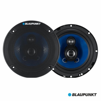 Conjunto de colunas Blaupunkt pretas e azuis, com grelha frontal perfurada e altifalantes visíveis