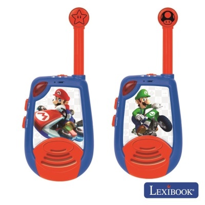 Dois walkie-talkies de crianças com personagens de videojogos em azul e vermelho.