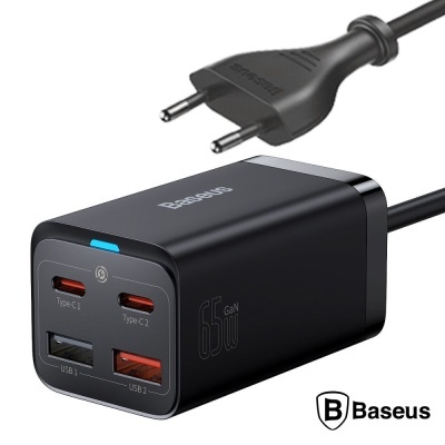 Carregador Baseus preto com 65W GaN e quatro portas