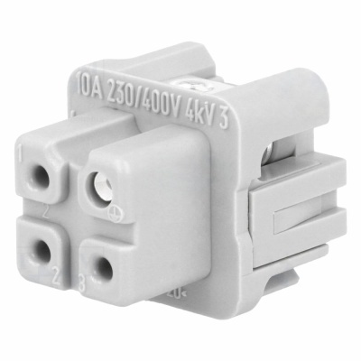 Conector elétrico cinzento com três orifícios e marcações de voltagem