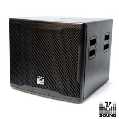 Coluna subwoofer preta com logo V2 SOUND na frente
