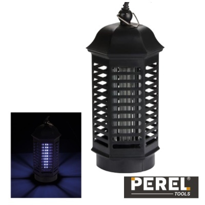 Lanterna anti-insetos preta com luz azul e estrutura em metal hexagonal