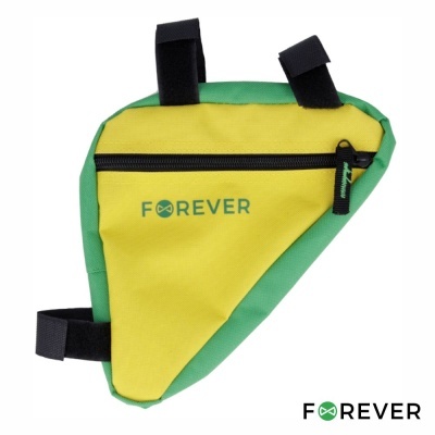 Mala triangular de quadro para bicicleta amarela e verde com fecho preto e texto FOREVER