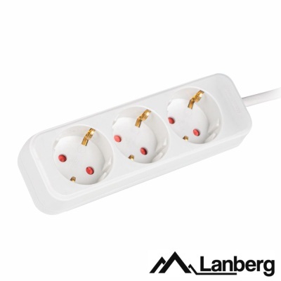 Toma de corrente elétrica tripla branca com plugues redondos e detalhes vermelhos