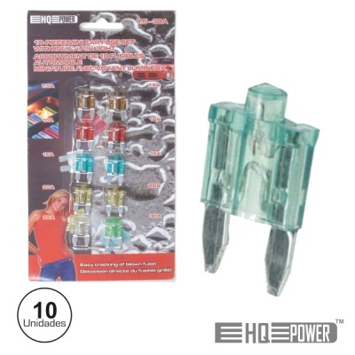 Conjunto de 10 fusíveis mini HQ Power, embalagem com cores preta e vermelha, fusível verde em destaque.