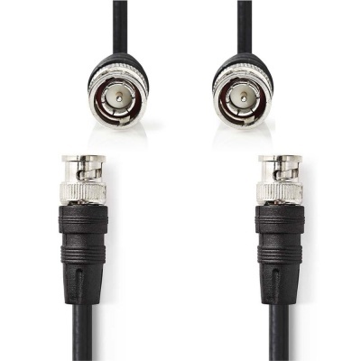 Cabo coaxial preto com conectores BNC prateados nas extremidades
