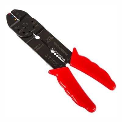 Ferramenta de corte e desencapamento de fios com alças vermelhas e corpo metálico preto