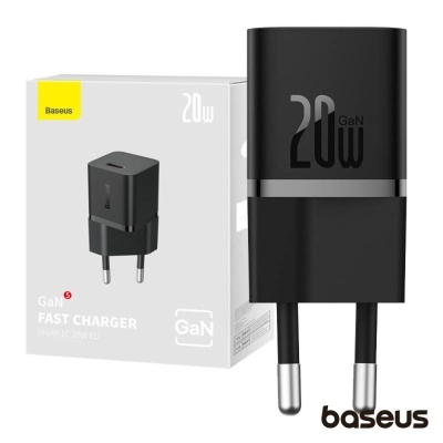 Carregador rápido Baseus GaN 20W preto com embalagem branca