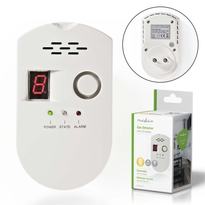 Detetor de gás branco com visor digital vermelho e leds indicador, com embalagem ao lado