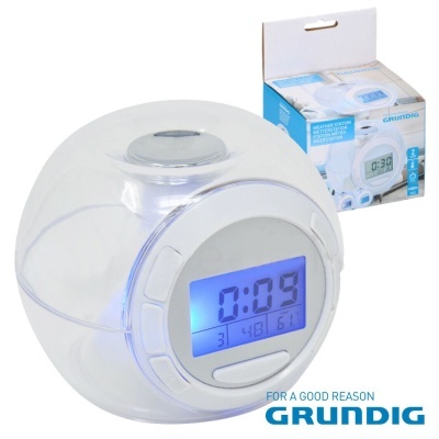 Relógio digital esférico transparente Grundig com ecrã azul