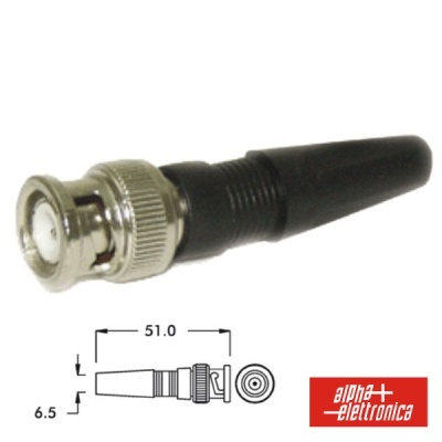 Conector BNC metálico e preto com dimensões e logo alpha elettronica
