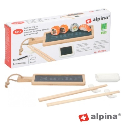 Conjunto de serviço para sushi Alpina com tábua de madeira, paus de sushi, prato branco e suporte.