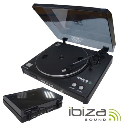 Toca-discos preto ibiza sound com tampa transparente aberto e fechado