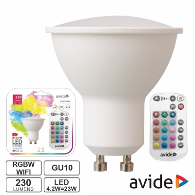 Lâmpada LED RGBW branca GU10 com comando remoto e embalagem da marca avide