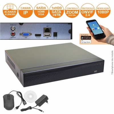 Aparelho gravação digital preto e acessórios com smartphone a mostrar app