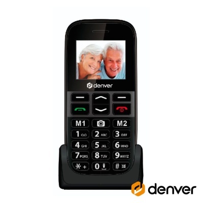 Telefone móvel preto com teclado físico e ecrã colorido mostrando casal idoso