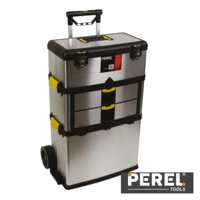 Mala de ferramentas portátil prateada com detalhes pretos e amarelos da PEREL