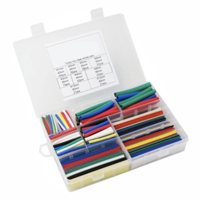 Conjunto de tubos termo retráteis coloridos organizados numa caixa plástica transparente