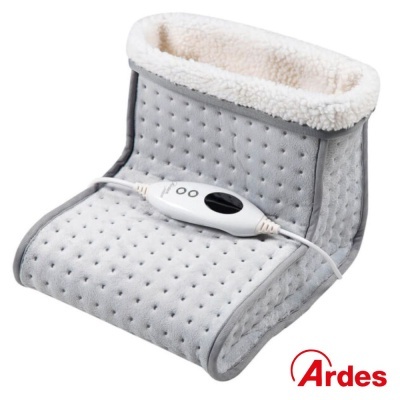 Aquecedor elétrico para pés cinza acolchoado com forro branco e controlo de temperatura