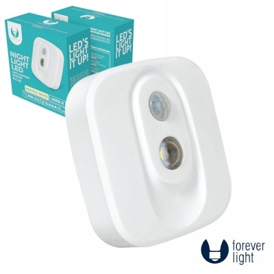 Lâmpada LED noturna branca com sensor e embalagem azul com texto