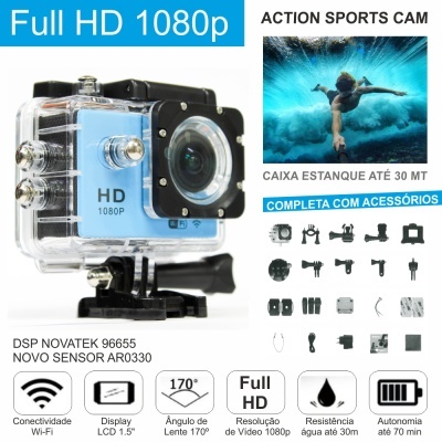 Câmara desportiva azul com caixa estanque transparente e acessórios em fundo branco.